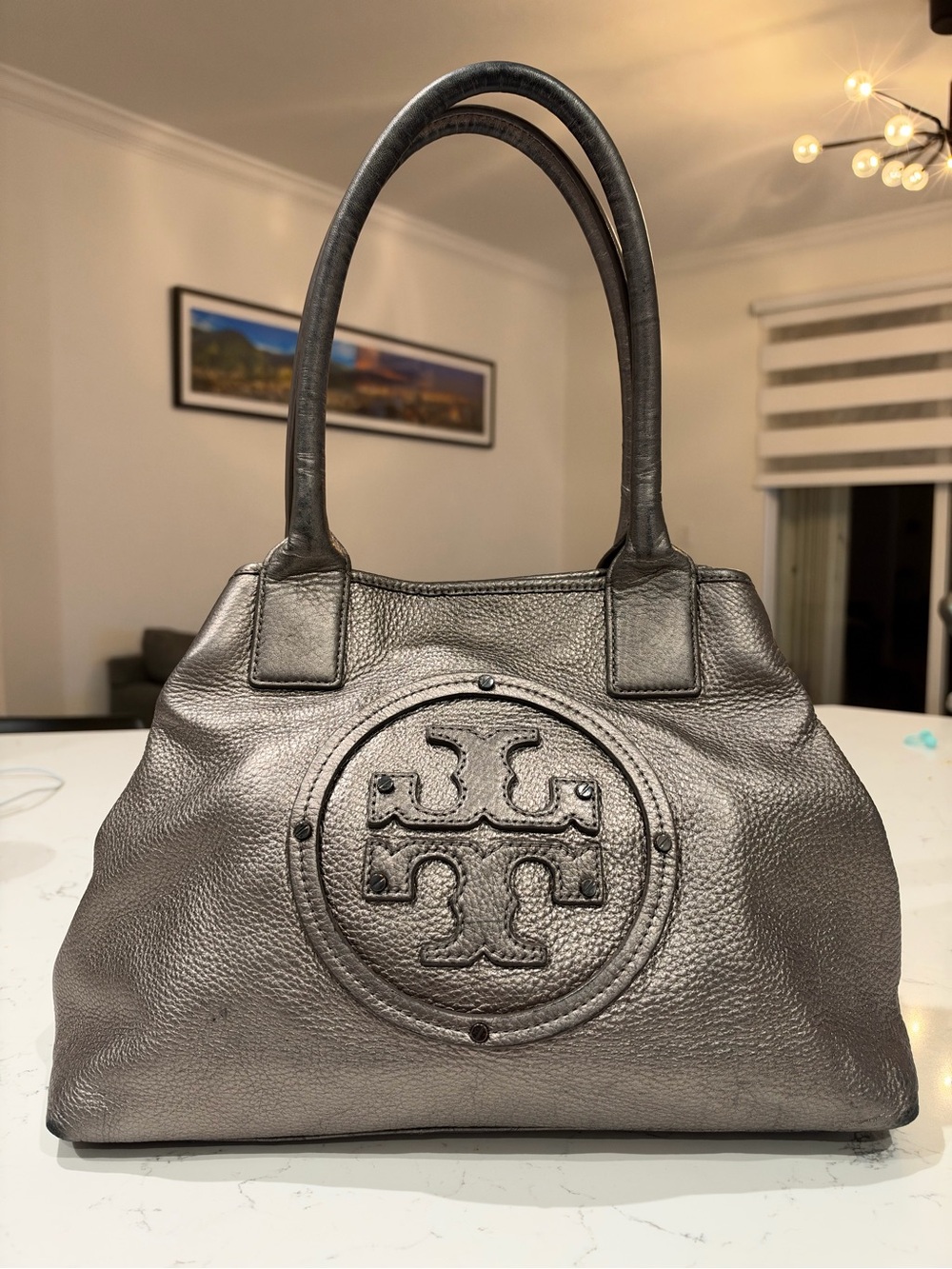 Tory Burch Metallic Pewter logo satchel. Leather Shoulder Bag